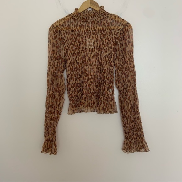 NWT New Free People Hello There Smocked Mock Neck Sheer Top in Leopard Combo - Picture 4 of 8
